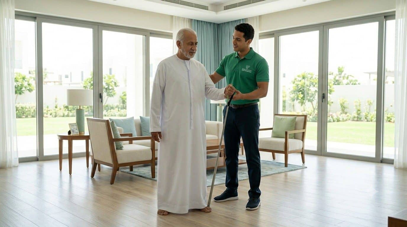 Therapist guiding a patient through physiotherapy exercises at home