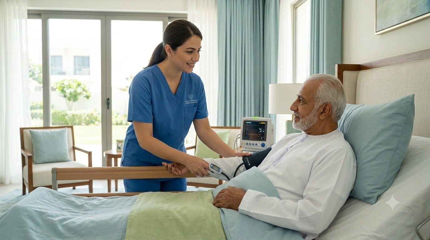 Nurse preparing medication and monitoring a patient at home