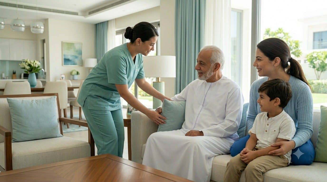 Caregiver supporting an elderly patient with warmth and dignity