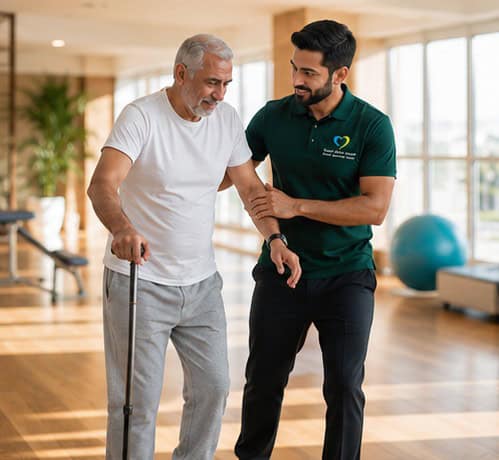 Therapist guiding a patient through physiotherapy exercises at home