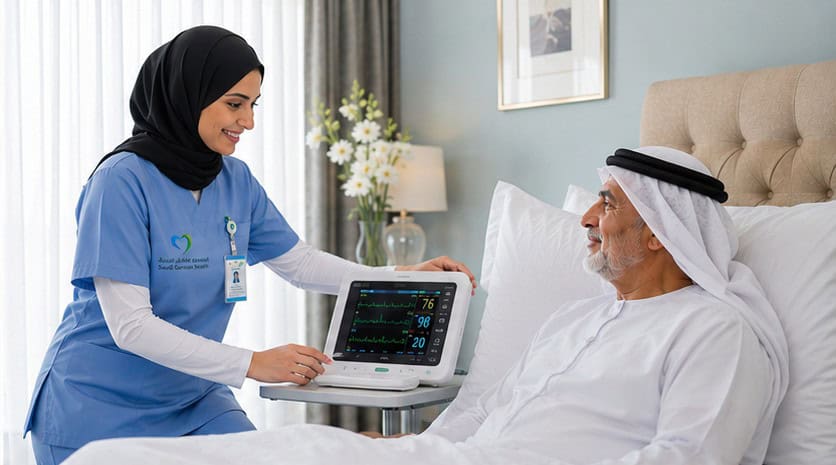 Nurse preparing medication and monitoring a patient at home