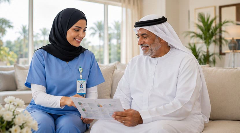 Caregiver supporting an elderly patient with warmth and dignity